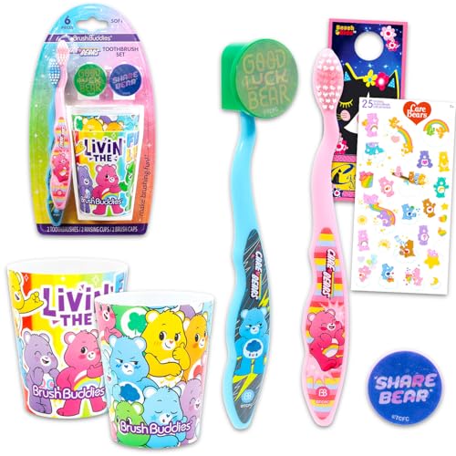 Care Bears Toothbrush and Cup Set for Kids - Bundle with 2 Toothbrushes, 2 Cups, Brush Caps, Stickers, More | Care Bears Dental Care for Girls