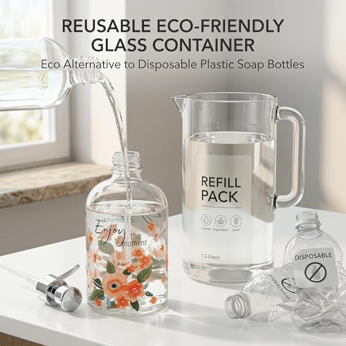 Topadorn 17oz Glass Soap Dispenser with Pump, Refillable Hand Soap Dispenser for Bathroom & Kitchen, Floral Design, Decorative Farmhouse Countertop Decor - color: Soft Pink
