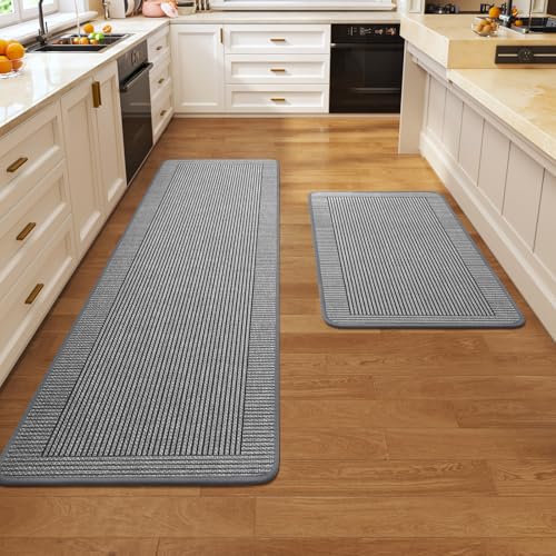 Kitchen Mats for Floor, 17''x30''+17''x59''Kitchen Rugs Set of 2, Washable Non Slip Absorbent Kitchen Mat, Braided Kitchen Runner Rug, Kitchen Sink Rug, Grey - color: A Linear Grey, size: 17''x30''+17''x59''