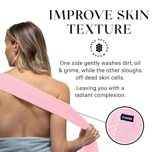 Sima Brand Exfoliating Washcloth Face & Body Scrub Towel - Japanese Exfoliating Towel with Hexagon Fibers, Body Scrubber with 2 Sides for Scrubbing & Washing, Extra Long Body Towels (Pink) - color: Pink