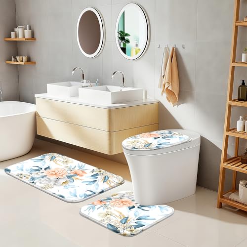 16 Pcs Floral Shower Curtain Set with Rugs, Flower Bath Curtains and High Absorbent Non-Slip Mats, Thick 120GSM Fabric Curtain with 12 Metal Hooks, Multi Floral, 72x72 Inch - color: Flower A-pink Blue