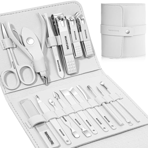 Manicure Set Professional Nail Clippers Pedicure Kit, 16 pcs Stainless Steel Nail Care Tools Grooming Kit with Luxurious Travel Leather Case for Thick Nails Men Women Gift (White) - color: White