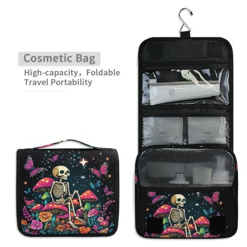 MNSRUU Hanging Toiletry Bag Skeleton Sitting on Mushrooms with Butterflies Travel Makeup bag for Toiletries Portable Travel Toiletry Organizer Cosmetic Bags with Hanging Hook - color: Skeleton A14152