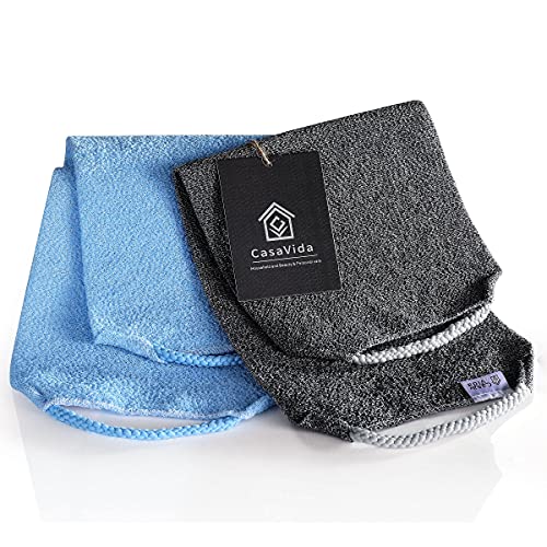 Back Scrubber for Shower, 2 Pack, Blue + Charcoal Gray | Nylon Bath Towel Washer, Japanese Exfoliating Washcloth, Stretchable Strap, Body Exfoliation - color: Blue + Charcoal Gray