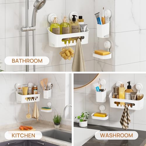 LEVERLOC Shower Caddy Suction Cup Set Shower Organizer & Soap Holder & Toothbrush Holder, Bathroom Shelf Basket NO-Drilling, Removable Suction Storage Waterproof Bathroom Caddy, White - color: White