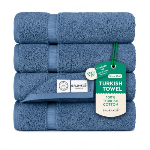 SALBAKOS 100% Turkish Cotton Bath Towels | 4 Piece Turkish Bath Towels Blue 27x54 in Standard Size | Premium Hotel Quality, Super Absorbent, Thick & Plush Turkish Bath Towel (Blue, 4 Bath Towels) - color: Blue, size: 4 Bath Towels