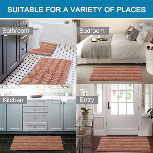 H.VERSAILTEX Bathroom Rugs Bath Rug Set 2 Piece Bathroom Contour Rug Toilet Mat Non Slip Contour Bath Rug Ultra Thick Water Absorbent Striped Bath Mats Washable(47" x 17" Plus 20" x 20" U, Muted Clay) - color: Muted Clay, size: 47" x 17" Plus 20" x 20" U