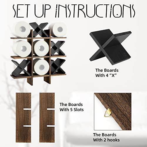 Weysat Tic Tac Toe Toilet Paper Holder Stand Bathroom Wall Decor Rustic Wooden Hanging Storage Freestanding Wall Mounted Shelves Decor for Toilet Tissue Farmhouse - color: Brown, Black