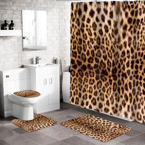 4 PCS Leopard Shower Curtain Cheetah Print Shower Curtain Sets Non Slip Bathroom Rugs Soft Plush Bath Mat Toilet Lid Cover Animal Print Shower Curtain with 12 Hooks for Bathroom Tub, Brown - color: Brown