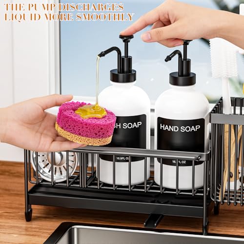 Kitchen Soap Dispenser Set with Sponge Holder and Towel Rack, 17OZ Glass Bottle, Hand and Dish Soap Dispenser Set, Non-Slip Silicone Pad, Brush Holder, Kitchen Sink Caddy Organizer Countertop (White) - color: White