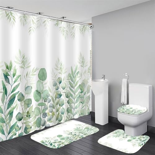 DDQQ 4Pcs Green Bathroom Set Leaves Shower Curtain Set Spring Eucalyptus Leaf Shower Curtain for Bathroom with 12 Hooks, Bathroom Decor Accessories for Bathroom Toilet Lid Cover - color: Green