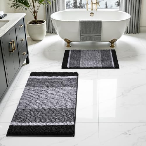HOMEIDEAS Black Bathroom Rugs Set of 2, Thick Absorbent Chenille Bath Mats, Non-Slip Soft Shaggy Rugs for Bathroom Floor, 20" x 32" & 17" x 24" - color: Black