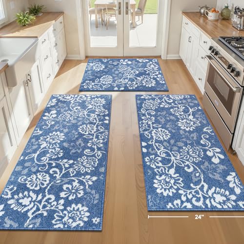 LOKHOM Boho Kitchen Rugs Sets of 3, Non Slip High-Low Textured Kitchen Mats for Floor with Rubber Backing, Paisley Floral Washable Carpet Runner for Hallways Entryway Laundry Sink (Denim Blue & White) - color: Denim Blue, size: 24"x35"+24"x48"+24"x60"