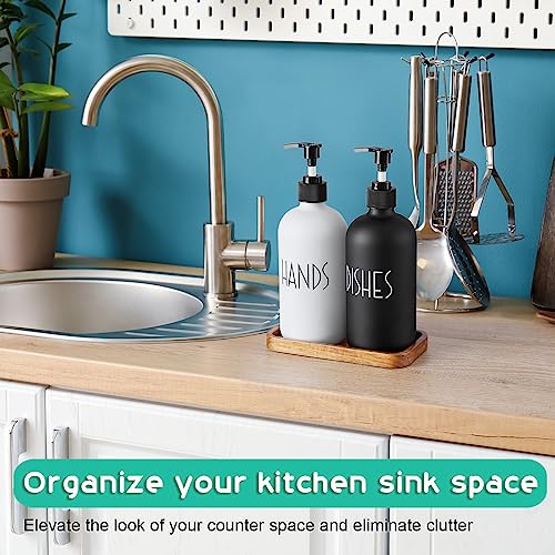 ALELION Glass Dish Soap Dispenser for Kitchen - 16 OZ Hand Soap Dispenser Set with Pump and Acacia Wood Tray - Black White Modern Farmhouse Kitchen Bathroom Decor and Accessories - color: Black and White