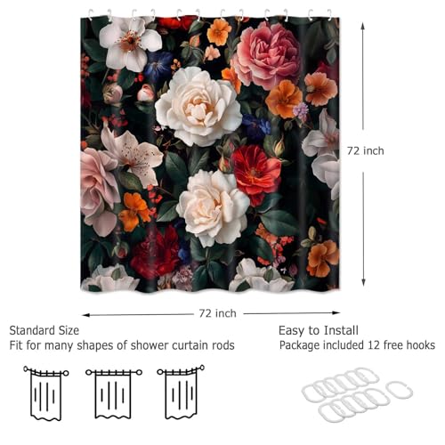 Vintage Black Floral Shower Curtain, Boho Dark Flowers Botanical Bathroom Decor Shower Curtain Sets, Waterproof Fabric Bathroom Curtain with Hooks, 72 x 72 inch - color: Floral Black, size: 72"W x 72"L (Pack of 1)