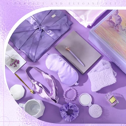 Twistover 16 Pcs Birthday Gifts for Women: Luxury Robe & Blanket Spa Gift Basket for Women -scented Candle, Mug, Notebook, Pillowcase & Spa Accessories(Light Purple) - color: Light Purple