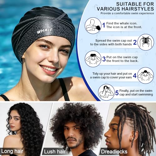 WHALE Extra Large Swim Cap Designed for Men and Women with Thick, Long Hair, Hair Extensions Or Afro-Textured Hair Long-Hair Swim Cap Highly Waterproof to Keep Hair Dry - color: Black
