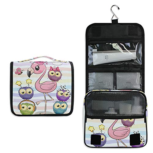 senya Hanging Travel Toiletry Bag Kit Makeup Case Cosmetics Organizer for Men Women - color: Cartoon Pink Flamingo And Five Owls