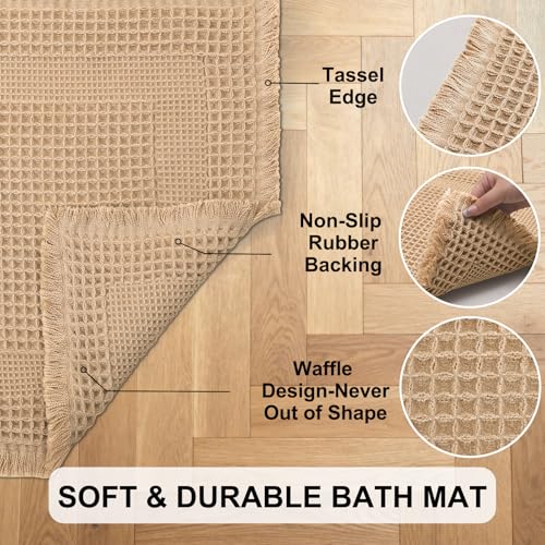 Hiasan Set of 2 Waffle Bath Mat, Super Absorbent Non Slip Bathroom Boho Rug with Tassels, Machine Washable Bath Mats for Bathroom, Ultra Soft Rubber Backed Rug, Loop-Brown, 16" x 24" + 20" x 32" - color: Loop-brown, size: 16" x 24" + 20" x 32"