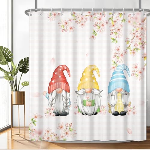 Fabric Shower Curtain with Hooks, Waterproof & Washable & Polyester, Spring Pink Gnome Cherry Floral Shower Curtains for Bathroom, Funny Cute Anime Rusitc Bathroom Curtain, House Gift, 71x74 Inch - color: Spring Cherry Floral Gnomes