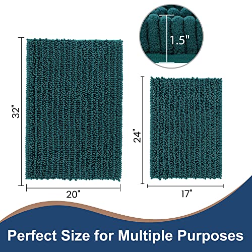 FLOLEOPA Luxury Chenille Teal Green Bathroom Rugs Bath Mats Sets, Extra Soft and Absorbent Bathroom Rugs Non Skid Machine Wash Dry Bath Mats（32"x20" Plus 17"x24"） - color: Teal Green, size: 32"x20" Plus 17"x24"
