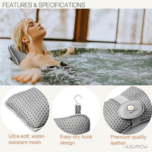 Large Pillow for Hot Tub (Grey), Spa, and Chaise Lounge - Universal Headrest & Neck Support Cushion, Adjustable Height with Long Strap, Easy Drying with Hook (1-Pack)
