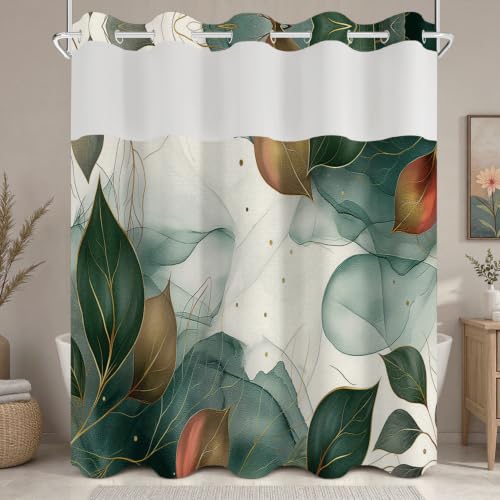 Abstract Botanical Shower Curtain with Snap in Liner - Boho Green Leaf Art Print Bathroom Shower Curtain No Hooks, Waterproof Double Layer Bath Curtain with Mesh Top Window, 71″W x 74″L - color: Cyan Leaves