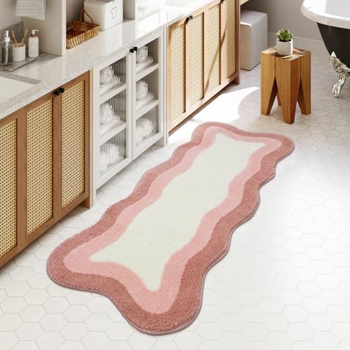 HAOCOO Pink Bathroom Rug Runner, 24x59 Inch Soft Non Slip Bath Rugs for Bathroom, Microfiber Absorbent Washable Irregular Shaped Rug Floor Mat for Bedroom Bathtub Tub Shower - color: Pink, size: 4'11" x 2' (Irregular)