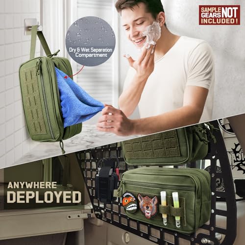 RXW EDC Toiletry Bag for Men, Tactical Dopp Kit, Molle Pouches Compact Travel Organizer for Shaving Shower, Hygiene, Grooming (Includes Dry/Wet Compartment & US Flag Patch) - color: Army Green