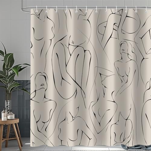 Body Shower Curtain, Abstract Line Texture Boho Bath Curtain Decor for Women, Polyester Fabric Waterproof Bathroom Decoration Accessory Set with 12 Hooks 72X78 inch - color: Beige, size: 72"W x 78"L (Pack of 1)