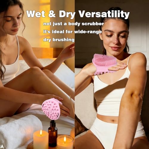Silicone Body Scrubber for Men Women, Dual-Sided Bath Brushes Gentle Exfoliating Body Scrubber Scalp Massager for Deep Cleansing, Soft Silicone Loofah Body Washing Brushes (Pink) - color: Pink