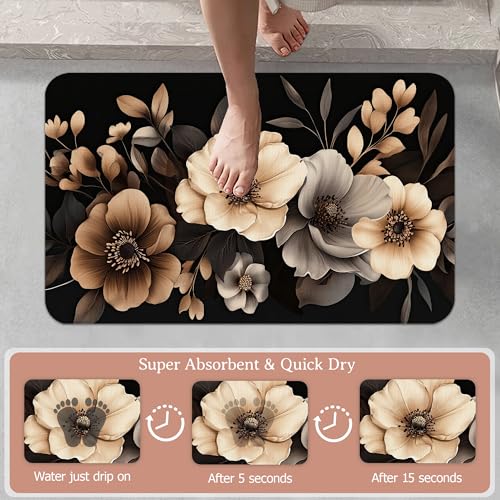 Bath Mat,Brown Black Flower Bathroom Rugs,Quick-Drying Non-Slip Rubber Bath Mats Artistic Absorbent Diatomaceous Earth Mat for Bathroom Home Decor 17"x29.5" - color: Brown Black Flower,artistic