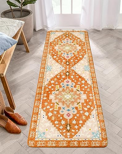 Uphome Boho Hallway Runner Rug Orange Non-Slip Soft Bathroom Rugs Oriental Machine Washable Runner Rug Rustic Tribal Floral Home Decor Carpet for Bedroom Kids Room Entryway, 24x71 inch - color: Orange, size: 24x71 inch
