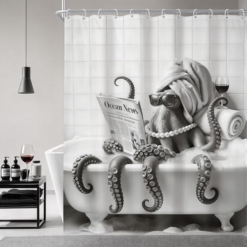 Newsely Funny Octopus Shower Curtain 60Wx72L Inch Reading News in Bathtub Black White Animal Pearls Modern Cool Glass Wine Bathroom Set Boys Men Girl Waterproof Bath Decoration Accessories Home Decor - color: Q-octopus, size: 60"W x 72"L (Pack of 1)