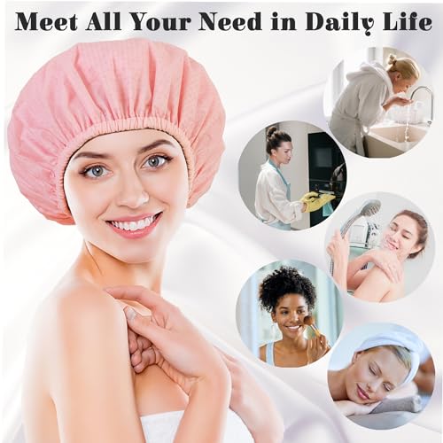 Shower Cap for Women, Shower Caps Reusable Waterproof, Large Plastic Satin Lined Shower Cap for Braids Long Hair - color: Pink grid