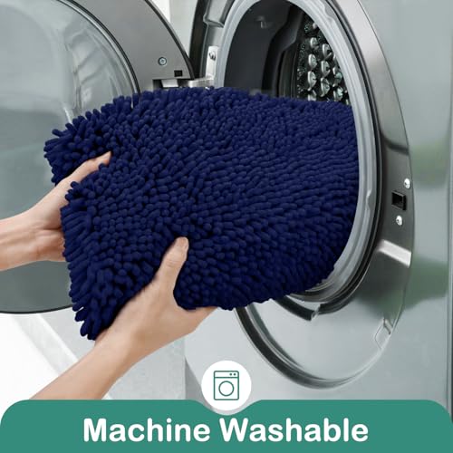 HOMEIDEAS Bathroom Rugs Set 2 Pieces, Ultra Soft Non Slip Absorbent Chenille Toilet Bath Mat Set (Navy Blue) - color: Blue-navy Blue, size: 1'8" x 2'8" (U Shape 20"x24"+20"x32")