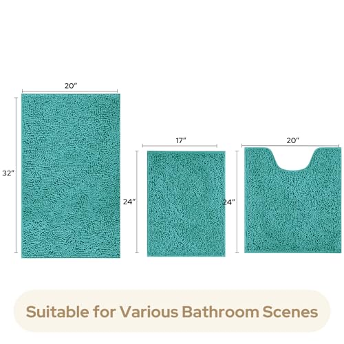 HOMEIDEAS 3 Pieces Bathroom Rugs, Ultra Soft Non Slip Absorbent Chenille Toilet Bath Mat Set (Teal) - color: Green-teal, size: 17"x24"+20"x32"+U Shape 20"x24"