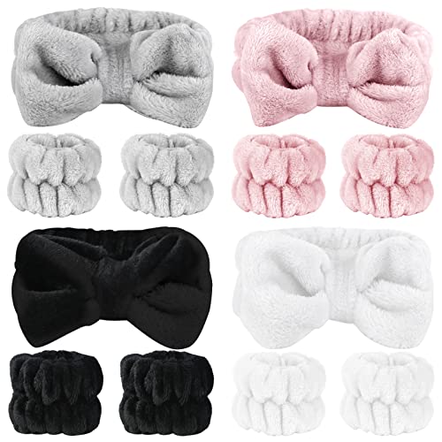 SLNZAPTY 12 PCS Face Wash Headband Wristband Sets for Women and Girls | Soft Microfiber Spa Hair Wraps, Makeup Skincare Bath Headbands, Wrist Bands for Washing Face, White, Pink, Gray, Black - color: White, Pink, Gray, Black