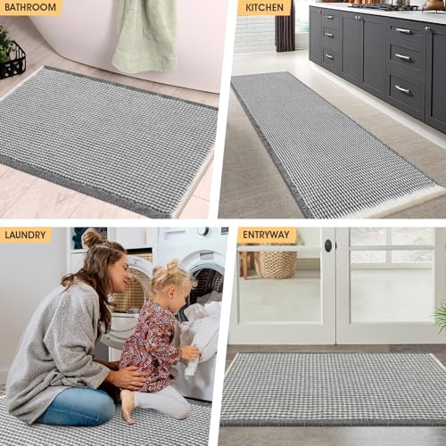 IM HOME Waffle Bath Mat Set 3 Piece Darkgrey & Cream,Woven Modern Bath Rug Mats, Absorbent Non Slip Bath Floor Mat, Soft Washable Boho Bath Rugs with Tassels for Bathroom, Bedroom, Kitchen, Tub
