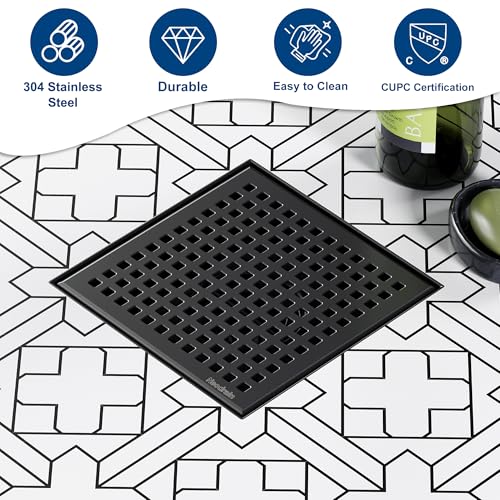 Neodrain Matte Balck Square Shower Drain with Removable Quadrato Pattern Grate, 304 Stainless Steel Square Drain, CUPC Certified, with Hair Strainer and Lifting Hook (Matte Black, 6 in) - color: Matte Black, size: 6 IN