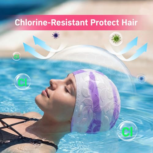Women Swim Cap 2 Pack for Long Hair, Silicone Flower Adult Swimming Caps Waterproof for Girl Youth No Wet Hair - color: Mint & Purple