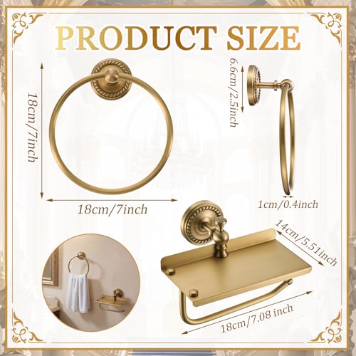 2 Pcs Antique Brass Braided Towel Ring and Toilet Paper Holder with Shelf, Wall Mounted Gold Tissue Roll Holder Hand Towel Ring Bathroom Hardware Accessories Set