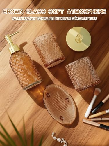Haturi Amber Brown Bathroom Accessories Set, 4Pcs Glass Bathroom Accessory Set Complete w/Soap Dispenser, Toothbrush Holder, Qtip Holder, Soap Dish, Gold Bathroom Decor Sets, Gift for Home Apartment - style: Amber Brown