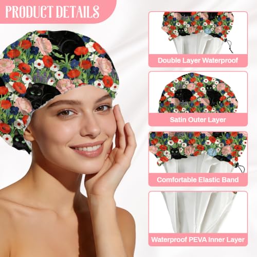 Black Cat Reusable Shower Cap Flower Double Layer Waterproof Shower Caps Large Elastic Hair Cover Adjustable Hair - Drying Caps for Woman Man Bath SPA Travel One Size Fits Most - color: Black Cat