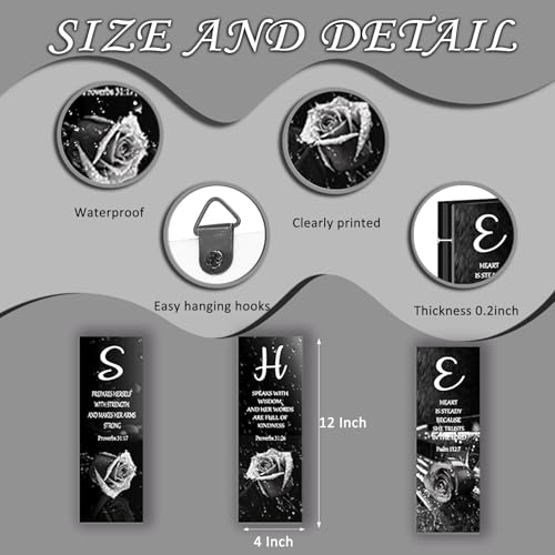 3 Pieces White Bedroom Decor Black And White Rose Women Bedroom Wooden Bathroom Inspirational Office Decor With SHE Religious Words For Kitchen Home(12x Inch) - color: White