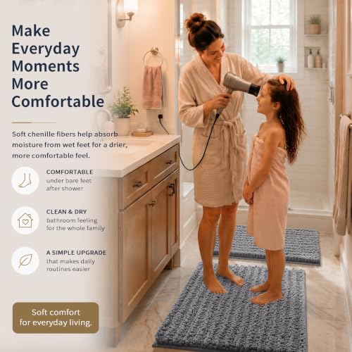 Yimobra Bathroom Rug Set 3 Piece - Super Absorbent Quick Dry Chenille Bath Mats & Toilet Rug, Non Slip Machine Washable, Extra Thick Shaggy Floor Mat for Shower Tub Sink, Grey - color: Grey, size: 24"x17" + 24"x20" + 30"x20"