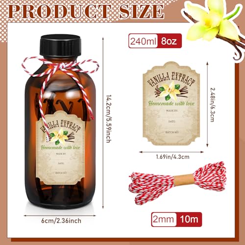 Uiifan 6 Pack Amber Glass Boston Round Bottles with Caps Brown Vanilla Extract Bottles and 6 Pcs Vanilla Extract Stickers for Syrup Gift Glass Food Storage Canister Set Sauce Beans(8 oz) - size: 8 Ounces