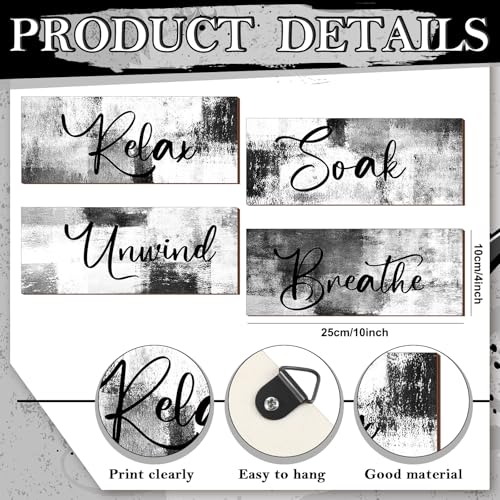 Maitys 4 Pcs Bathroom Wall Decor 10 x 4 Inch Bathroom Wall Art Contemporary Wood Restroom Pictures for Soak Unwind Relax Hanging Sign Spa Rustic Vintage Farmhouse Pediments(Black and White) - color: Black and White