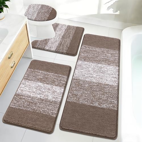 Bsmathom Bathroom Rugs Sets 4 Piece with Toilet Lid Cover, Non-Slip Bathroom Rugs and Mats Sets, Absorbent Bath Rugs Microfiber Shaggy Machine Washable Bath Rug Set, Coffee - color: Coffee, size: 20"x31"+20"x59"+U20"x24"+Cover19"x21"