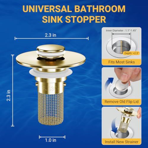 Bathroom Sink Drain Strainer, Pop-Up Bathroom Sink Stopper with Removable Stainless Steel Hair Catcher Basket, Universal Fit for US Bathroom Sinks, Showers & Floor Drains (1pcs-Gold) - color: 1pcs-gold